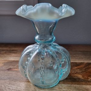 Fenton opal Ruffled Beaded melon 5.75" vase opalescent aqua vintage rare